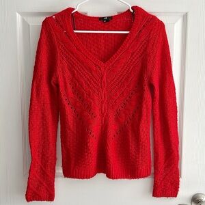 H&M Red Chunky Knit V-Neck Pullover Sweater Top Size XS Valentines Day